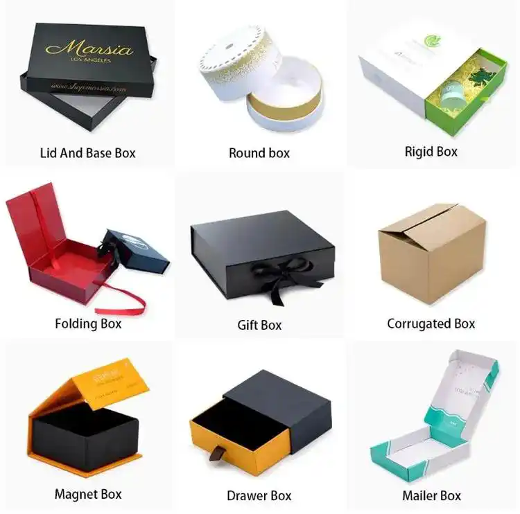 Custom packaging box types including rigid boxes, gift boxes, magnetic boxes, drawer boxes, and mailer boxes manufactured by Haoke Printing